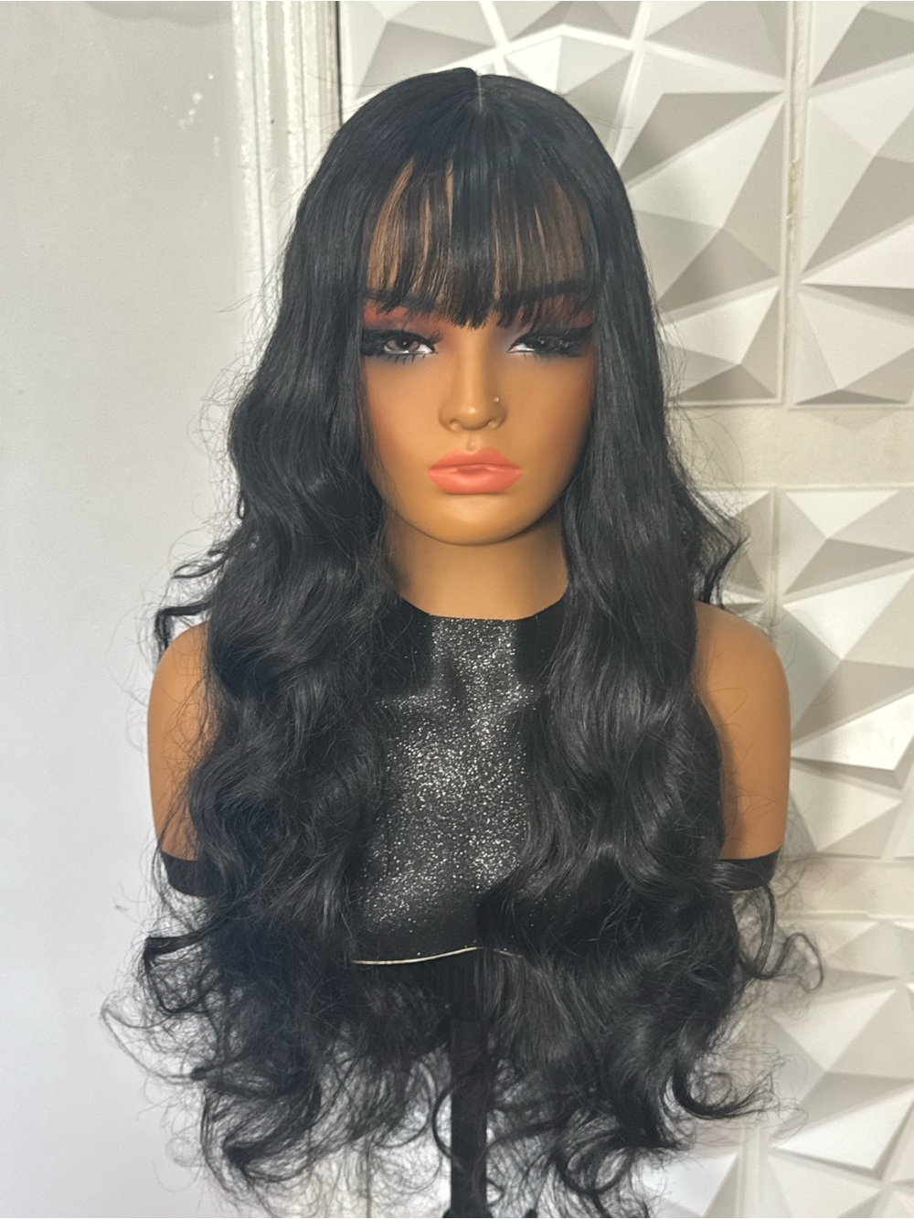 24 Inch Black Curly Wig with Bangs Glueless Heat-Safe Hair Blend wig